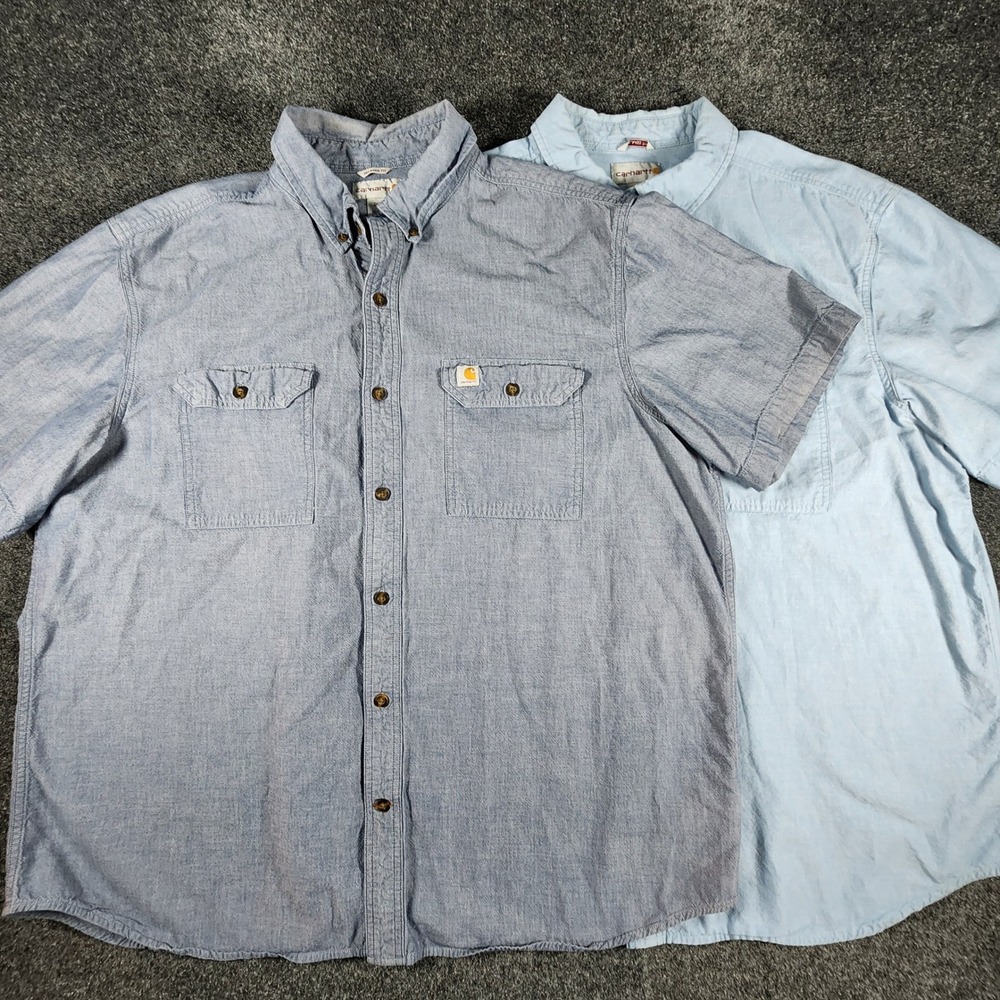Lot Of 2‎ Carhartt Button Down Chambray Shirts Mens 2XL Blue/Gray Relaxed Fit